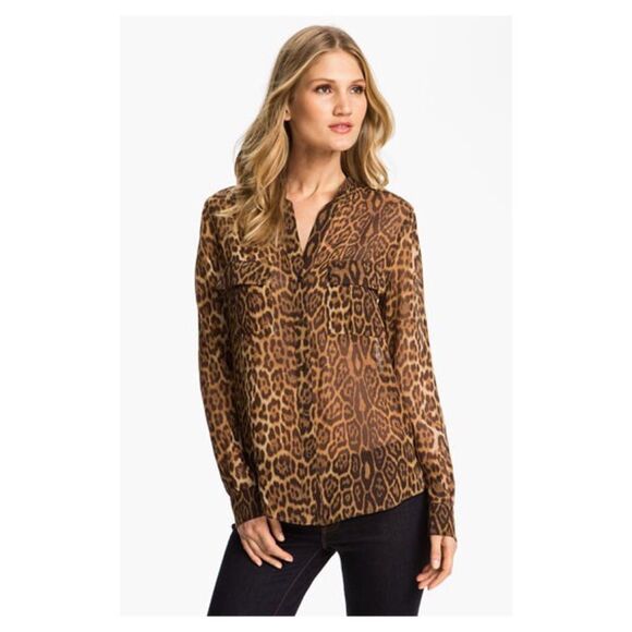 BCBGMaxAzria Sheer Anderson Blouse Silk Cheetah Animal Print Shirt Size Medium - Picture 1 of 8